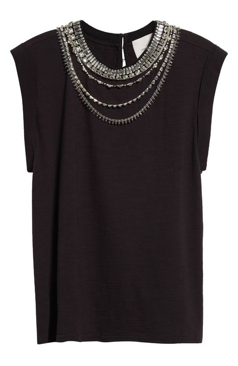 A cotton top redefines the notion of a jewel neckline and the results are spectacular. Back keyhole with button-and-loop closure Jewel neck Short sleeves 100% cotton Dry clean Imported Bedazzled Top, Cotton Rhinestone Short Sleeve Top, Summer Black Embellished T-shirt, Black Crew Neck T-shirt With Rhinestones, Cotton T-shirt With Rhinestones Short Sleeve, Black Cotton T-shirt With Rhinestones, Trim Top, Jewel Neckline, Free Fabric