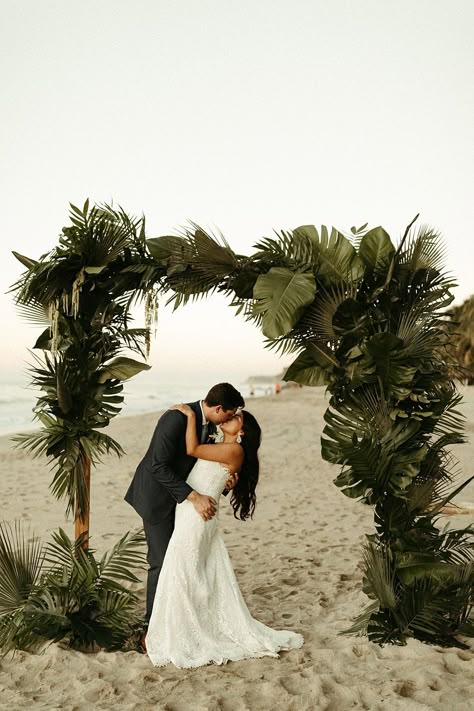 Beach Wedding arch made of palms Sunset Beach Wedding, Mexico Beach Weddings, Small Beach Weddings, Beach Wedding Arch, Floral Arches, Sunset Beach Weddings, Palm Wedding, Dream Beach Wedding, Beachy Wedding