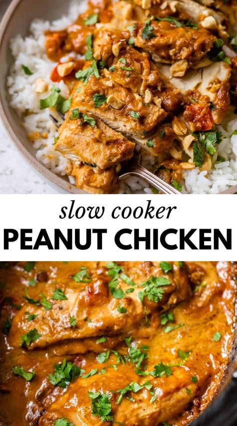 Enjoy mouthwatering Slow Cooker Peanut Chicken for hands-off weeknight meals! With only 5 minutes of prep time and drenched in a Thai-inspired peanut sauce, it’s an easy chicken dinner that’s packed with flavor and protein. Crock Pot Peanut Chicken, Famous Crockpot Recipes, Thai Peanut Chicken Crockpot, Fall Healthy Crockpot Meals, Peanut Miso Chicken Crockpot, Crockpot Peanut Chicken, 10 Hr Crockpot Meals, Crockpot Chicken Recipes Low Calorie, Slow Cooker Peanut Butter Chicken