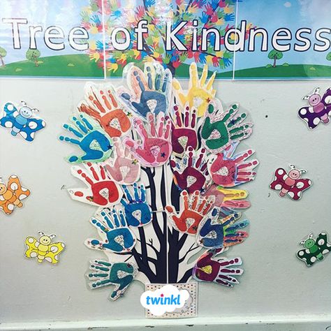 A picture of handprints Kindness Week Ideas, Kindness Display, Elsa Room, Nurture Room, Kindness Tree, Friendship Week, Nurture Group, Display Boards For School, Random Acts Of Kindness Day