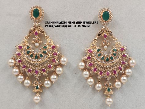 Ear Rings Chandbalis Gold, Chandbalis Earrings Gold, Uncut Earrings, Uncut Diamond Earrings, Diamond Ear Rings, Bridal Jewellery Inspiration, Gold Earrings Models, Tiny Pendant, Beautiful Gold Necklaces