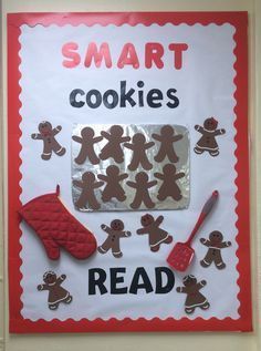 library bulletin board for December and all the Gingerbread read alouds December Bulletin Boards, School Library Bulletin Boards, Door Bulletin Boards, Kindergarten Bulletin Boards, College Bulletin Boards, Holiday Bulletin Boards, Christmas Bulletin Boards, Smart Cookies, Library Bulletin Board