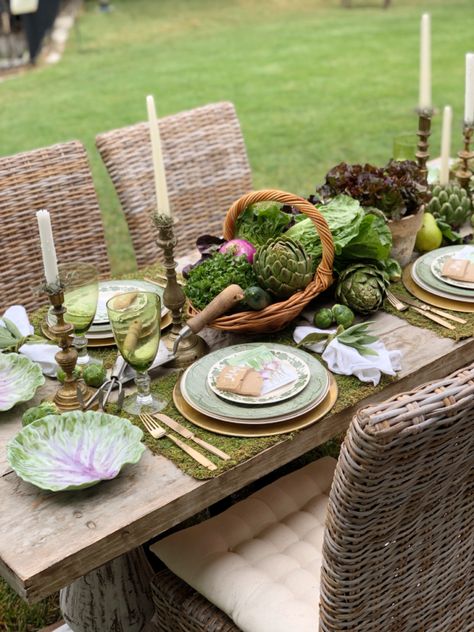 We're celebrating the anticipation of fall, and I can't wait to show you how to create a beautiful fall garden party tablescape. I had so much fun picking a few veggies and herbs from my garden to use in my tablescape. The inspiration for my fall garden party table was green and purple cabbage pattern plates I bought back in the spring. I shopped the produce section at the grocery store and purchased veggies to go with the colors in the plates and it made such a stunning table! Garden Party Tablescapes Inspiration, Cabbage Plates Table Settings, Vegetable Table Decor, Vegetable Tablescape, Fall Garden Party, Garden Tablescape, Fall Tables, Moss Table Runner, Vegetables Garden