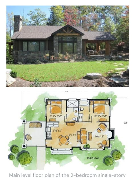 One Floor Mountain House, Small Mountain Style Homes, Small Weekend House Plans, One Story House Plans 2 Bedroom, Small Mountain Homes Cottages, Small Rustic Home Plans, Small Mountain House Exteriors, Rustic Small House Interior, Weekend Home Design