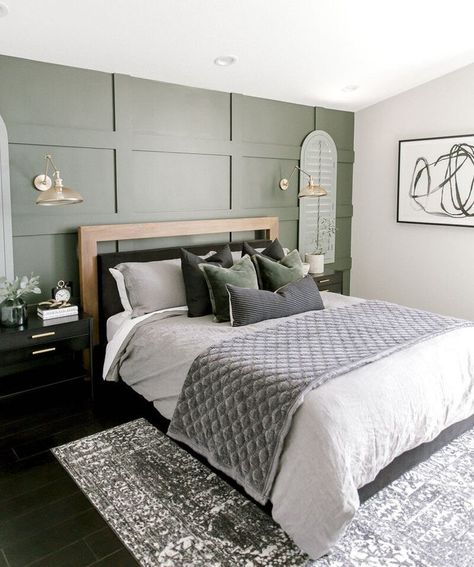 40 Earthy Bedroom Ideas You'll Love Waking Up To Blue Green Bedrooms, Olive Green Bedrooms, Green Accent Wall, Panelling Ideas, Pearl House, Green Bedroom Walls, Green Accent Walls, Earthy Bedroom, Sage Green Bedroom