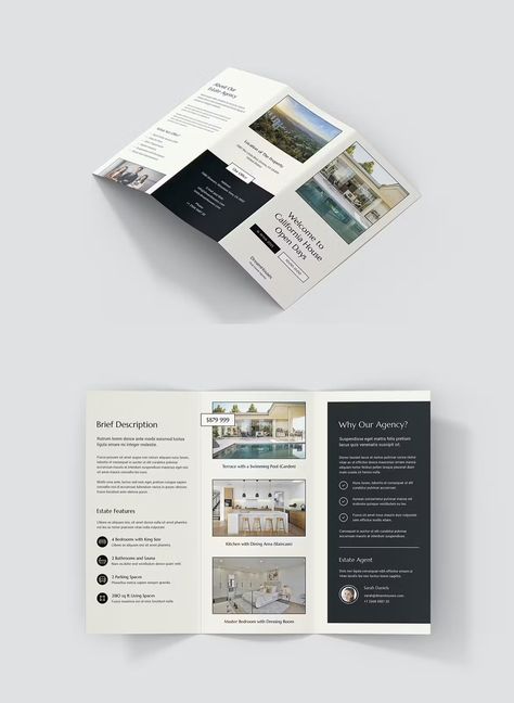 https://elements.envato.com/real-estate-open-house-brochure-tri-fold-template-4KAFZXL Open House Brochure, House Brochure, Real Estate Brochure, Open Days, Indian Interiors, Leaflet Design, Live Oak, Real Estate Tips, California Homes