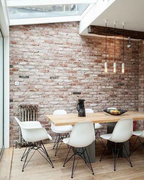 Brick Wallpaper Dining Room, Wallpaper Dining Room Ideas, Brick Wall Dining Room, Wallpaper Dining Room, Brick Wall Ideas, Interior Brick, Brick Interior Wall, Dining Room Industrial, Brick Interior