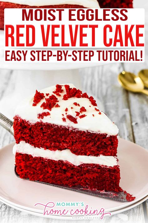 This Eggless Red Velvet Cake is moist, rich, and amazingly tasty! Two lovely layers of tender vibrant sponge red cake with fluffy cream cheese frosting. The perfect showstopper dessert for any occasion. You are going to LOVE this egg-free red velvet cake. It is so moist and fluffy, even with the absence of eggs! This cake may look all elegant and fancy pants, but don’t let it fool you! It really couldn’t be easier to make! | @mommyhomecookin #bestegglessbaking #egglessbakingtips Eggless Wedding Cake, Red Velvet Cake Recipe Eggless, Red Velvet Cake Without Egg, Eggless Red Velvet Cupcakes, Red Velvet Cake Eggless, Red Velvet Sponge Cake Recipe, Eggless Red Velvet Cake Recipe, Plant Bakery, Red Celvet Cake