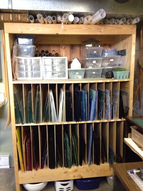 Stained Glass Storage, Glass Studio Ideas, Stained Glass Workshop, Stained Glass Studio, Woodworking Projects Ideas, Making Stained Glass, Glass Room, Mosaic Stained, Simple Crafts