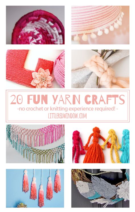 20 Fun Yarn Crafts you can make, no knitting or crochet experience required! | littleredwindow.com Cheap Handmade Yarn Crafts, Yarn Projects No Knit, Outdoor Yarn Projects, No Knit Yarn Projects, Elementary Yarn Art Projects, Yarn Weaving For Kids, Making Yarn From Scraps, Room Decor Crafts, Home Decor Diy Crafts