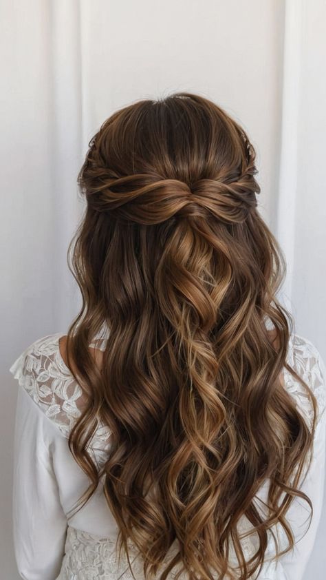 Discover the best bridesmaid hairstyles for long hair that are perfect for weddings From simple half updos to elegant updo curls loose curls side braids and boho styles find the ideal look for your bridal party Whether you prefer a Brunette Simple Side or Easy style these half up half down styles are versatile and chic Half Up Hairstyles Brunette, Bridesmaids Hair Down Style, Boho Braid Wedding Hair Brunette, Curled Hairstyles For Wedding Bridesmaid Half Up Half Down, Half Up Half Down Bridesmaid Hairstyles, Half Up Do Bridesmaid Hair, Bridal Hair Curls Half Up, Wedding Hairstyles Long Brown Hair, Half Up Half Down Hair Wedding Bride