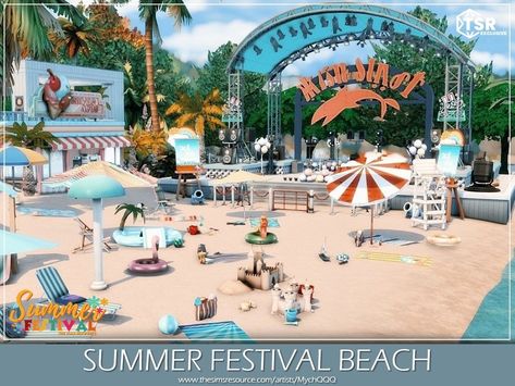 The Sims Resource - Summer Festival Beach Sims 4 Festival Lot, Summer Cc Sims 4, Sims Architecture, Sims 4 Beach House, Ts4 Lots, Sims Lots, Lotes The Sims 4, The Sims 4 Lots, Sims 4 Cheats