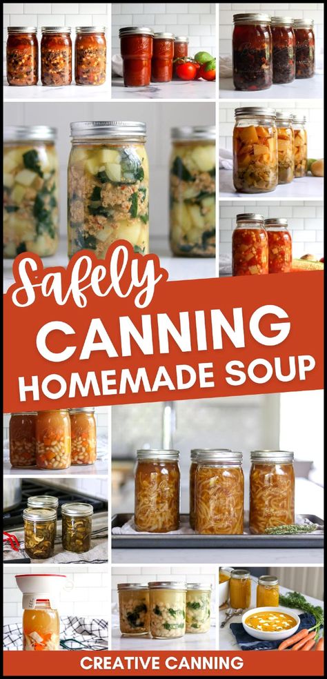 Discover the essentials for safely canning homemade soup and enjoy healthy, homemade meals right from your pantry. Follow these guidelines for pressure canning to create brothy or hearty soups that stay shelf-stable and delicious. Find more soup appetizers, healthy soup recipes, make ahead soups, and Creative Canning Recipes at creativecanning.com. How To Can Soups And Stews, Home Canning Soup Recipes, Soups To Can For Winter, How To Can Soup, Pressure Canned Meals In A Jar, Canning Homemade Soup, Canning Turkey Soup, Canning Meals In A Jar Pressure, Canning Beef Stew