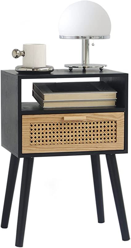 Coffee Table Small Space, Mid Century Modern Nightstand, Mid Century Nightstand, Black Bedside Table, Rattan Side Table, Side Table With Drawer, Table For Small Space, Side Coffee Table, Side Table With Storage