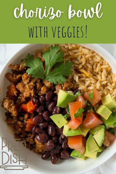 These healthy chorizo bowls come together quick and easy for a simple paleo meal. Make it low carb with cauliflower rice! Chorizo Bowl Recipes, Chorizo Bowl, Low Carb Chorizo Recipes, Paleo Chorizo Recipes, Rice And Chorizo Recipes, Chorizo Rice Bowl, Low Carb Burrito Bowl Cauliflower Rice, Veggie Burrito, Slow Cooker Dinner Recipes