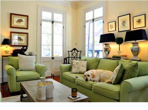 My Notting Hill: Eye Candy: Apple Green with Black. I love this color scheme Apple Green Living Room, Living Room Decor Green Couch, Bungalow Paint Colors, Green Living Room Furniture, Green Furniture Living Room, Lounge Green, Diy Interior Decorating, Green Sofas, Green Sofa Living