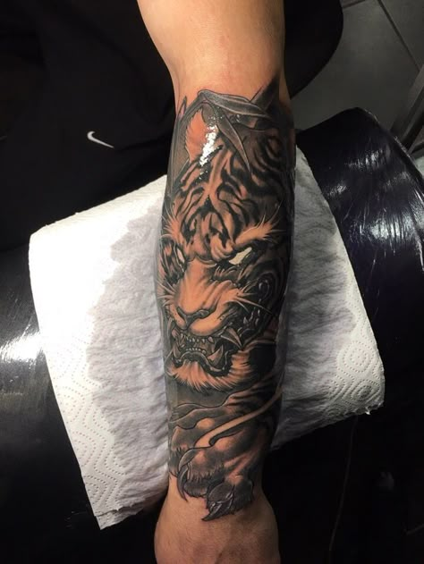 Tiger Cloud Tattoo, 3 Tigers Tattoo, Tiger Calf Tattoo Men, Japanese Tiger Forearm Tattoo, Quote Sleeve Tattoo, Japanese Forearm Tattoo For Men, Japanese Tiger Sleeve, Japan Tiger Tattoo, Japanese Tiger Tattoo Sleeve