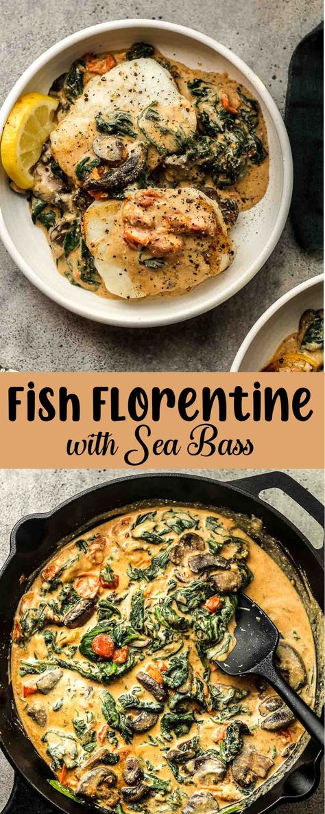 Indulge in the scrumptious flavors of Fish Florentine with Sea Bass – a delectable dish that combines pan-fried fish fillets resting on a medley of spinach and various veggies, all crowned with a velvety sauce. This recipe is easily adapted to your family's taste buds! Corvina Sea Bass Recipes, French Fish Dishes, Winter Fish Dishes, Fish Spinach Recipes, Seabass Dishes, Sea Bass Dishes, Cod Florentine Recipe, Pescatarian Fall Recipes, Sea Bream Recipes Fillet