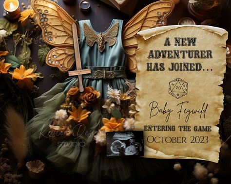 Dungeons and Dragons Feywild Pregnancy Announcement | DND Fairy Digital Birth Announcement Social Media | Magical Fantasy Witchy Baby Girl Fairy Themed Gender Reveal, Dnd Pregnancy Announcement, Witchy Baby Announcement, Bookish Baby Announcement, Book Baby Announcement, Dnd Baby Announcement, Lord Of The Rings Pregnancy Announcement, Dnd Baby Shower Ideas, Witchy Pregnancy