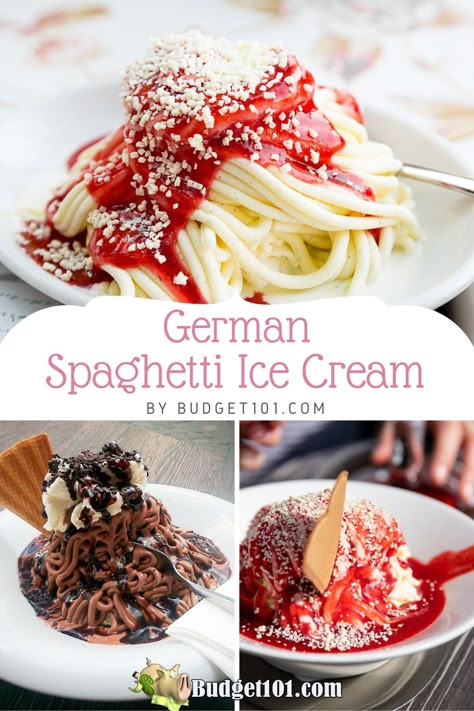 spaghetti ice cream german desserts German Spaghetti, Spaghetti Ice Cream, White Chocolate Coconut, German Food Authentic, Ice Cream Menu, German Desserts, German City, Ice Cream Maker Recipes, Berry Sauce