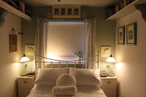 The very small double bedroom in this 50 square metre seaside cottage on the North Sea coast.  Farrow and Ball light blue on window wall and bedstead from John Lewis. Box Room With Double Bed Ideas, Double Bed In Small Bedroom, Double Window Bedroom Ideas, Small Double Bedroom Designs, Small Double Room Ideas, Box Room Double Bed Ideas, Box Room Double Bed, John Lewis Bedroom, Small Bedroom With Double Bed Ideas