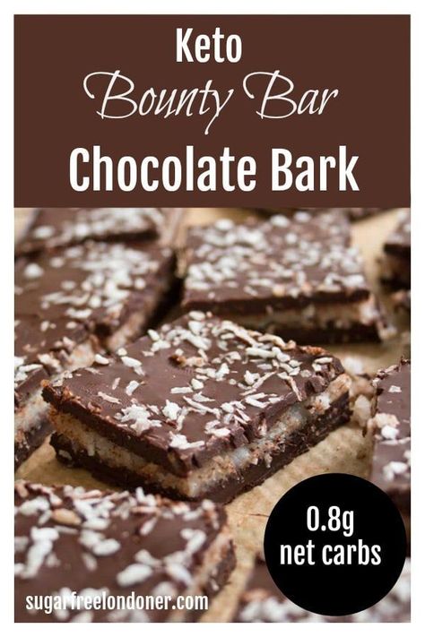 Dark chocolate with a soft and creamy coconut filling: You only need 5 ingredients for this sugar free, low carb Bounty Bar Chocolate Bark. #bountybars #lowcarbrecipe #sugarfreesweets Keto Bounty Bars, Keto Bark, Mounds Bars Recipe, Carbs Food, Bounty Chocolate, Sugar Free Desserts Easy, Mounds Bar, Coconut Filling, Easy Low Carb Snacks