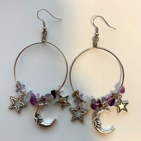 Handmade Lightweight Moon And Stars Hoop Earrings Smiling Moon, Fun Jewelry, Diy Crystals, Hippie Jewelry, Moon Charm, Fancy Jewelry, Moon And Stars, Moon Stars, Fantasy Jewelry