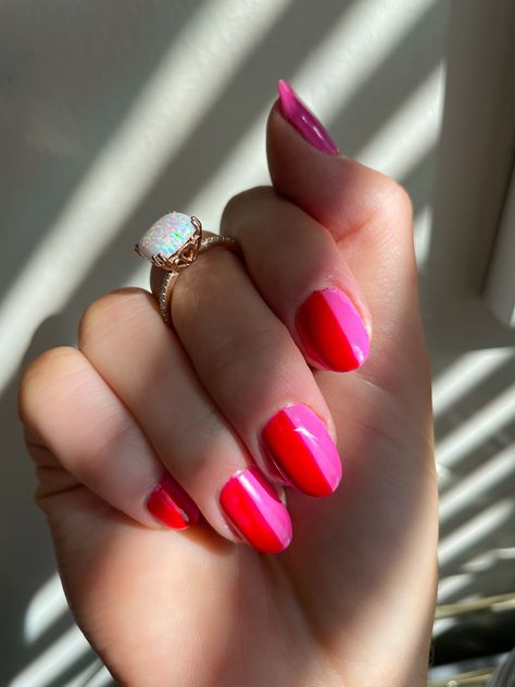 Nail Art Designs Red And Pink, Red And Magenta Nails, Pink And Magenta Nails, Two Pink Nails, Red Pink Nail Designs, Tri Colour Nails, Valentines Pink And Red Nails, Red Nails With Pink Accent Nail, Red With Pink Nails