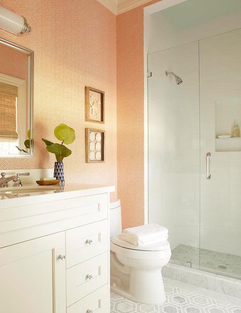 China Seas Java Java Wallpaper brightens a bathroom boasting a white washstand fitted with white shaker cabinets donning nickel knobs and a white quartz countertop. Andrew Howard, Peach Bathroom, Orange Bathrooms, Mosaic House, Floral Shower Curtains, Luxe Interiors, Bathroom Tiles, White Rooms, 8k Followers