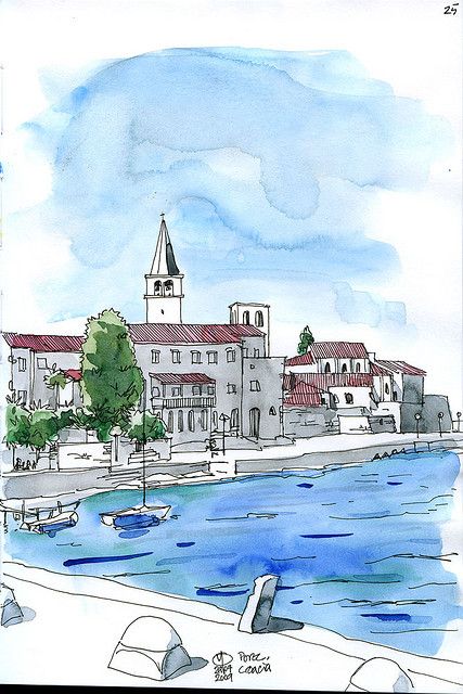 Porec, Croatia (looking towards west) Croatia Drawing, Porec Croatia, Architecture Drawing Sketchbooks, Urban Sketches, Drawing Tutorial Face, Urban Sketch, Watercolor Pictures, Travel Sketches, 수채화 그림