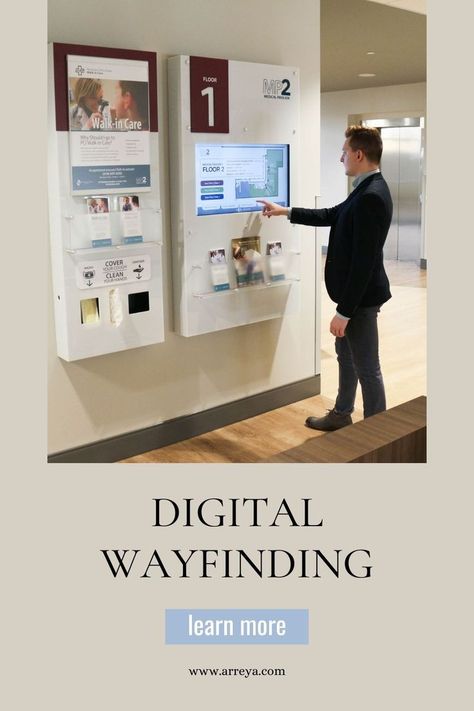 Digital wayfinding with digital displays streamlines navigation. Use interactive wayfinding throughout your offices with material wayfinding signs to create a perfect wayfinding ecosystem. Digital Signage Wall, Info Kiosk, Digital Wayfinding, Directory Signage, Interactive Kiosks, Digital Kiosk, Digital Signage Solutions, Electronic Paper, Marketing Office