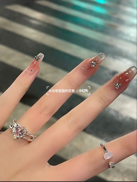 Cute Nails Acrylic Korean, Acrylic Korean Nails, Korean Nails Inspo Aesthetic, Korean Soft Nails, Korean Blush Jelly Nails, Korean Douyin Nails, Jelly Blue Nails Korean, Korean Nail Art Gems, Jelly Rhinestone Nails