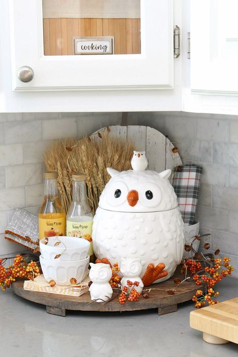 Cookie Jar Display, Owl Kitchen Decor, Fall Kitchen Decor Ideas, Kitchen Decor Fall, Cozy Fall Living Room, Autumn Kitchen Decor, Update Kitchen, Owl Cookie Jar, Autumn Kitchen