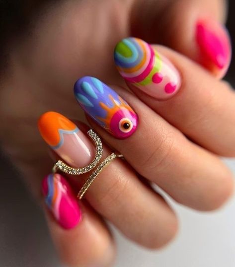 Abstract Colorful Nails, Unique Summer Nails, Multicolor Nails, Nail Shapes Square, Funky Nail Art, Retro Nails, Summer Nail Designs, Hippie Nails, Nails Spring