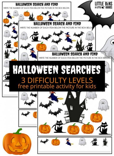 Halloween math with a Halloween search and find puzzle or I Spy activity. Free printable activities with 3 levels of difficulty for easy, medium, and more challenging. Great for Halloween party, classroom activity, or  quiet time activity at home. Seek And Find Printables, Halloween Experiments, Halloween Stem Activities, Halloween Slime, Halloween Stem, Seek And Find, Halloween Science, Pumpkin Activities, Quiet Time Activities