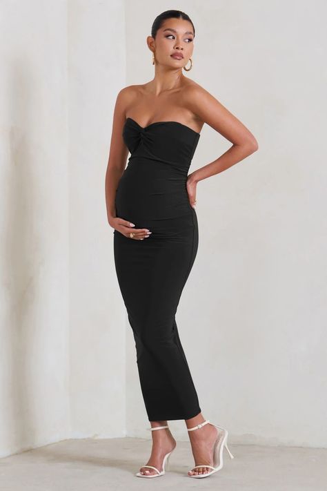 Black Maternity Twist-Detail Midi Dress#blackdress #trendy #sleevelessdress #shopnow #cocktaildress #affordablefashion #weddingguest Pregnate Outfit Dress, Wedding Guest Pregnant Dress, Wedding Guest Dress Pregnant, Pregnant Outfits Dressy, Luxury Maternity Clothes, Formal Maternity Outfits, Formal Pregnancy Dresses, Pregnancy Outfits Black Women, Maternity Wedding Guest Outfit