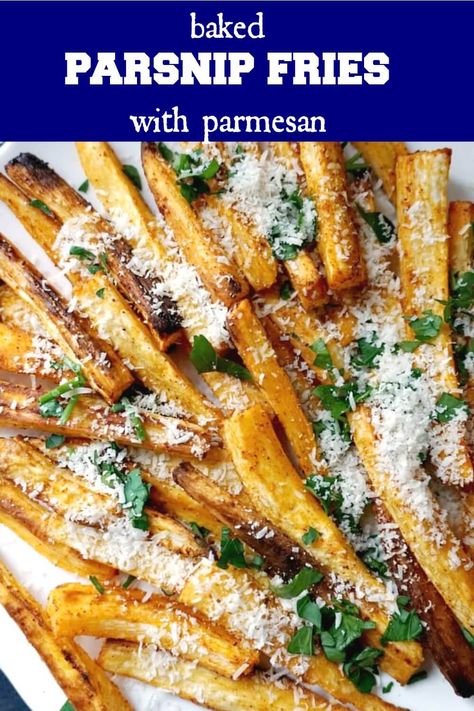 Healthy Baked Parsnip Fries, a great side dish alternative to the good old potato fries. With a nice blend of paprika, parmesan, parsley, garlic powder, salt and pepper, plus a dash of olive oil, these parsnip fries are simply delicious. The parsnip fries have a nice crunch on the outside, while the inside is tender and fluffy. Serve them with your favourite roast for any occasion. Vegetable Fries, Parsnip Chips, Misfits Market, Parsnip Recipes, Parsnip Fries, Roasted Parsnips, Thanksgiving Dinner Recipes, Roasted Vegetable Recipes, Healthy Baked