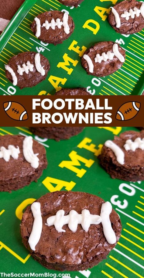 Score a flavor touchdown with these easy-to-make Football Brownies! They're a guaranteed hit at any Super Bowl party or tailgate. Football Field Brownies, Football Party Desserts Easy, Kansas City Chiefs Snacks, Easy Dessert For Football Party, Tailgate Brownies, Football Desserts Easy, Football Shaped Brownies, Football Shaped Dessert Dip, Football Party Cupcakes