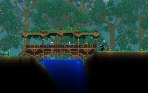 Terraria--wooden bridge by dontshitonthecountry Terraria Bridge Design, Terraria Bridge Ideas, Terraria Bridge, Terraria Base, Terraria Design, Terraria Houses, Forest Bridge, Terrarium Base, Terraria House Ideas