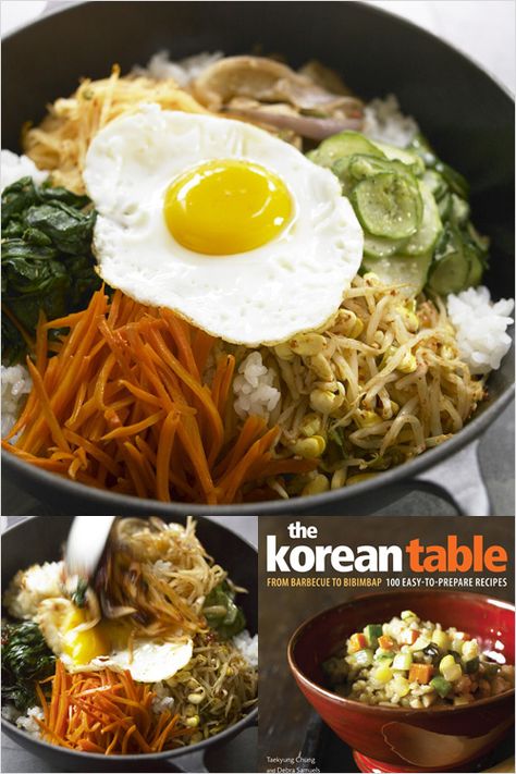 Bibimbap Recipe: The tasty toppings are arranged on the rice like the spokes of a colorful bicycle wheel, topped with a sunny-side up egg and a dollop of spicy red pepper paste (gochujang).  Mix it all together just before you eat—but not before everyone admires you culinary art project! #korean #egg #vegetable Bim Bim Bap, Bi Bim Bap, Bibimbap Recipe, Rasa Malaysia, Cauliflower Crust Pizza, Korean Dishes, An Egg, Asian Dishes, Korean Food