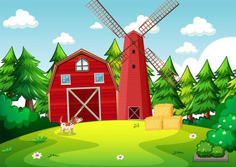 Escena de fondo con granero rojo y molin... | Free Vector #Freepik #freevector #fondo #ninos #madera #edificio Farm Printable, 2d Character Animation, Big Red Barn, Farm Wall Art, Free Vector Backgrounds, Wood Building, Character Animation, Beautiful Farm, 2d Character