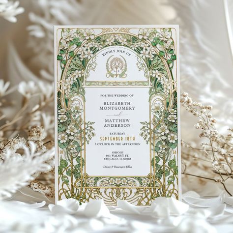 Wedding Invitations Forest, Nouveau Border, Art Nouveau Wedding Invitation, Wedding Invitation Gold, Art Nouveau Wedding, Nouveau Wedding, Art Nouveau Weddings, Fairytale Forest, Floral Wedding Invitation Suite