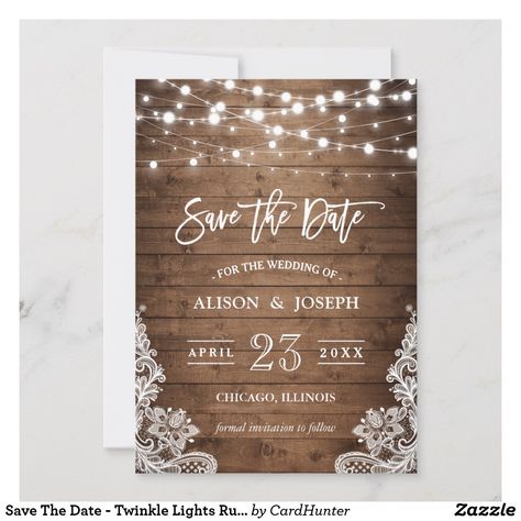 Save The Date - Twinkle Lights Rustic Wood Lace Mason Jars Lights, Mason Jar String Lights, Rustic Wedding Save The Dates, Rustic Save The Dates, Rustic Mason Jars, Floral Save The Dates, Country Wedding Invitations, Sweet 16 Birthday Party, Burlap Lace