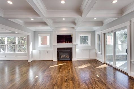 Trim Ceiling, Waffle Ceiling, Box Beam Ceiling, Box Ceiling, Shiplap Ceiling, Ceiling Trim, Glass Barn Doors, Ceiling Treatments, Open Living Room