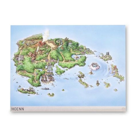 From Fortree City to Sootopolis City and everywhere in between, you can view the beauty of the Pokémon world with this map of Hoenn that's captured in an artistic, painterly style. • Originally explored in Generation Ill of the video games • Points of interest in Hoenn: Mount Chimney, Devon Corporation Headquarters Sootopolis City, Fortree City, Painterly Style, Pokemon Regions, Map Poster, Devon, Painter, Pokemon, Map