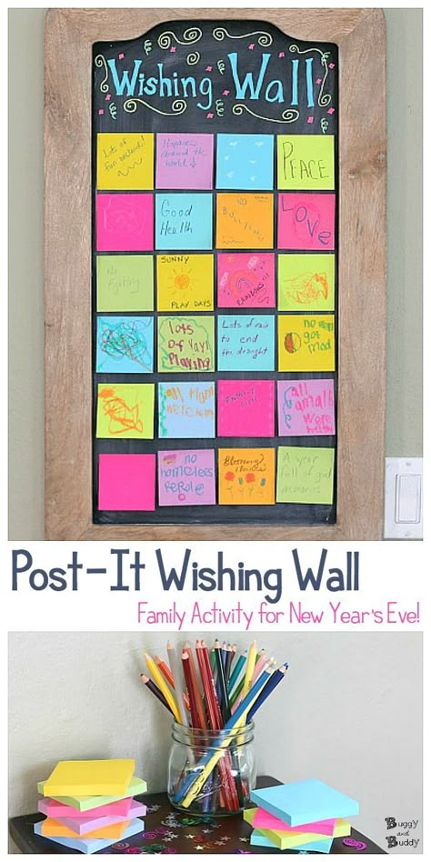 Make a wishing wall for the New Year using Post-It notes! A fun family activity or classroom activity for New Year's Eve and New Year's Day! Write your goals and wishes and share them together. #newyears #newyearsday #newyearseve #familyactivities #buggyandbuddy #postitactivities #goalsetting #positivity Family Activities Preschool, Kids New Years Eve, New Year's Eve Activities, New Years Activities, Classroom Activity, New Year's Crafts, Fun Family Activities, Family Night, New Year Wishes