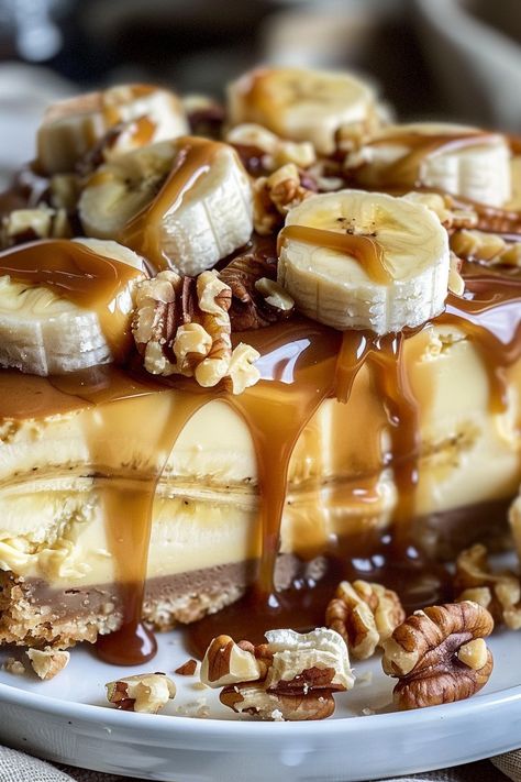 Banana Caramel Nut Cheesecake Banana Foster Cheesecake, Nut Cheesecake, Pecan Pie Cheesecake Recipe, Pecan Baked Brie, Caramel Pecan Pie, Banana Caramel, Homemade Graham Cracker Crust, Pecan Pie Filling, Cheesecake Toppings