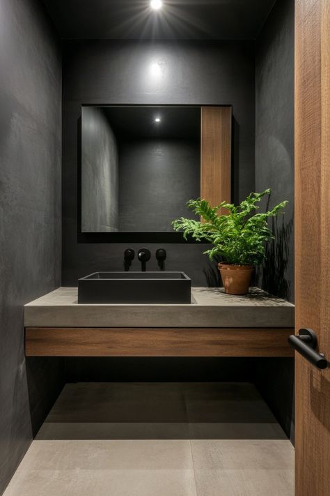 15 Tips for Creating Small Moody Bathrooms – Everyday Inspo Black Bathroom Modern, Dark Minimalist Bathroom, Cement Flooring Bathroom, Dark Powder Bathroom Ideas, Small Bathroom With Black Walls, Neutral Moody Bathroom, Small Restaurant Bathroom Ideas, Moody Modern Interior, Dark Moody Half Bathroom