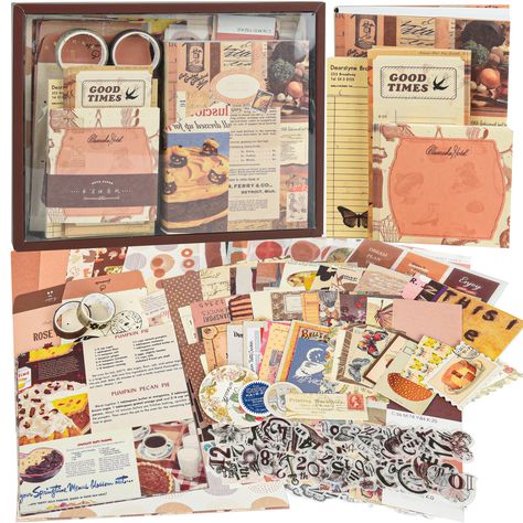 PRICES MAY VARY. 【WHAT YOU GET】- This scrapbook supplies kit come with A6 grid notebook(256page),vintage poster book cover, washi/PET sticker*8 sheets(179pcs), note paper*60(3 types*20), envelope*2(5.1in*3.34in),scrapbook paper*20(10 sheets:6.5in*3.15, 5 sheets:5.9in*5.9in, 5 sheets:8.34in*6.3in),folding laber*10(6.6in*1.77in), card*15, paper photo frame*5, calender stickers*31, washi tape*2(0.4in*78.8in), 1 exquisite packaging box. This scrapbook kit have everything your need! 【Aesthetic scrapb Journal Kit Ideas, Notebook Journaling, Supplies Aesthetic, Aesthetic Paper, Scrapbooking Retreats, Journaling Kit, Poster Book, Airplane Nursery, Scrapbook Storage