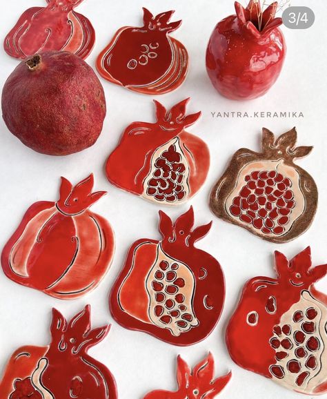 Pomegranate Ceramic Handmade, Pomegranate Garland, Night Yalda, Clay Pomegranate, Pomegranate Ornament, Ceramic Pomegranate, Ceramic Sun, Jewish Crafts, Pomegranate Art